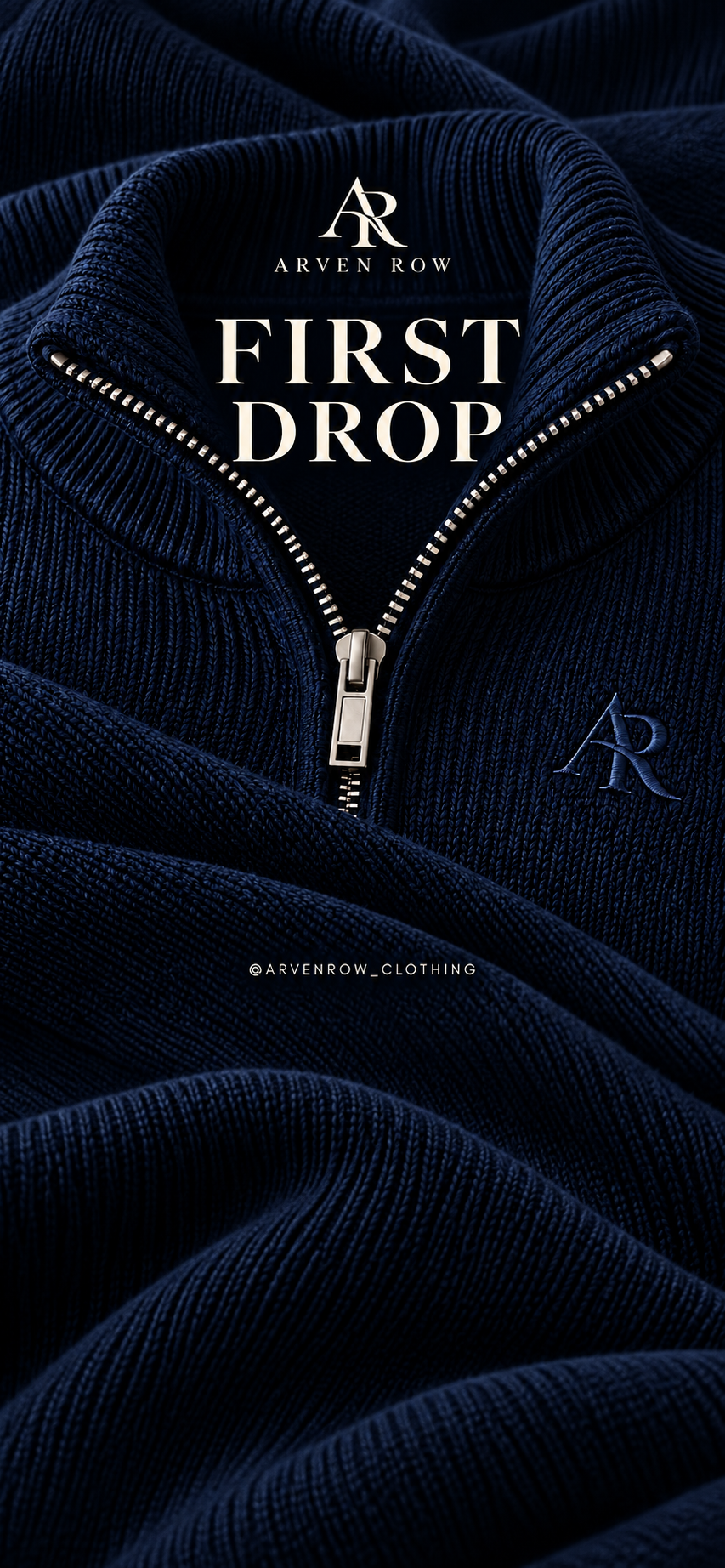 Arven Row First Drop — navy quarter-zip.